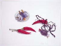 Rollmops mit Sushisoßenfisch und Chilis, 2020, Aquarell und Grafit auf Hadernbütten